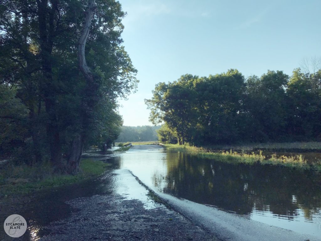 road flooded around sunset