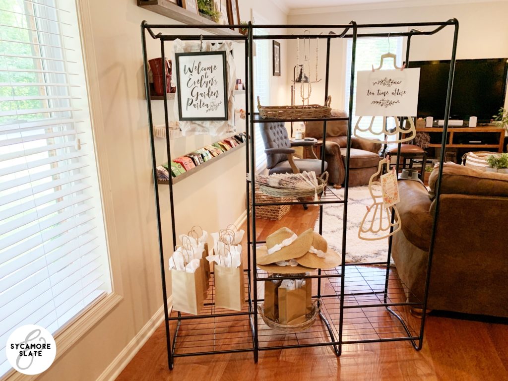 garment rack with party favors