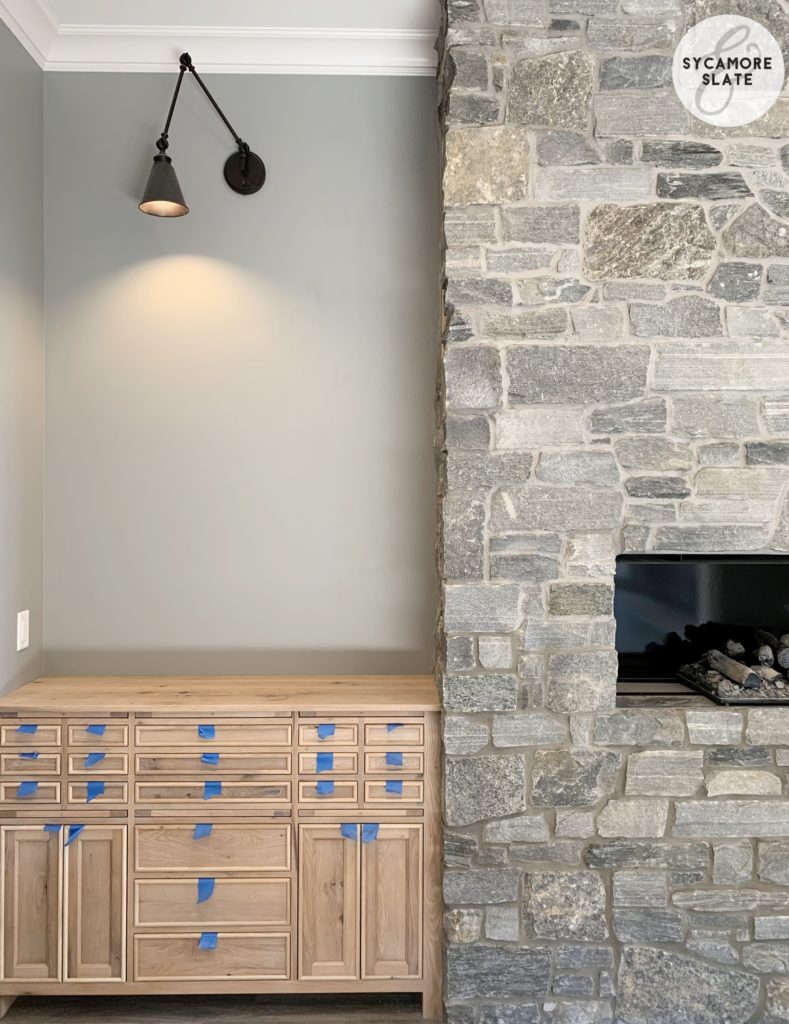 fireplace and buffet server in the dining room