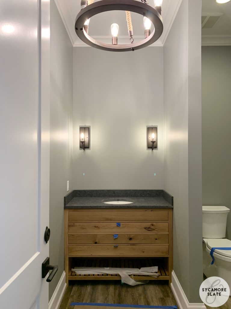 steel grey granite on powder room vanity