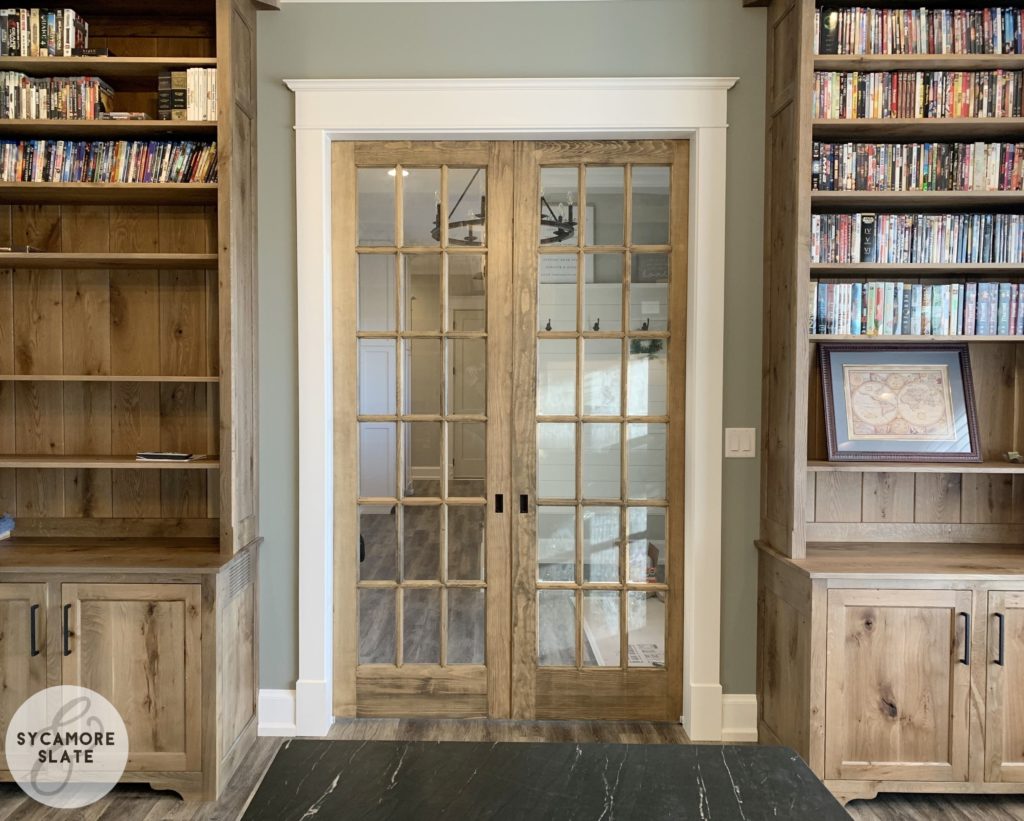 office bookshelves and sliding glass pocket doors