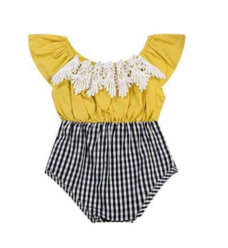 Yellow and plaid bodysuit with lace detail