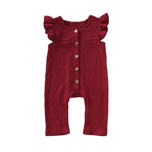 Button-front ruffle-sleeve pant jumpsuit